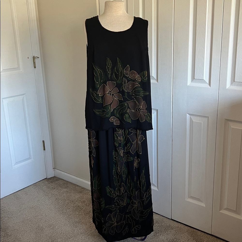 Beaded Black and Brown Sleeveless Top, Maxi Skirt, Long Jacket 3 Pieces  Size M
